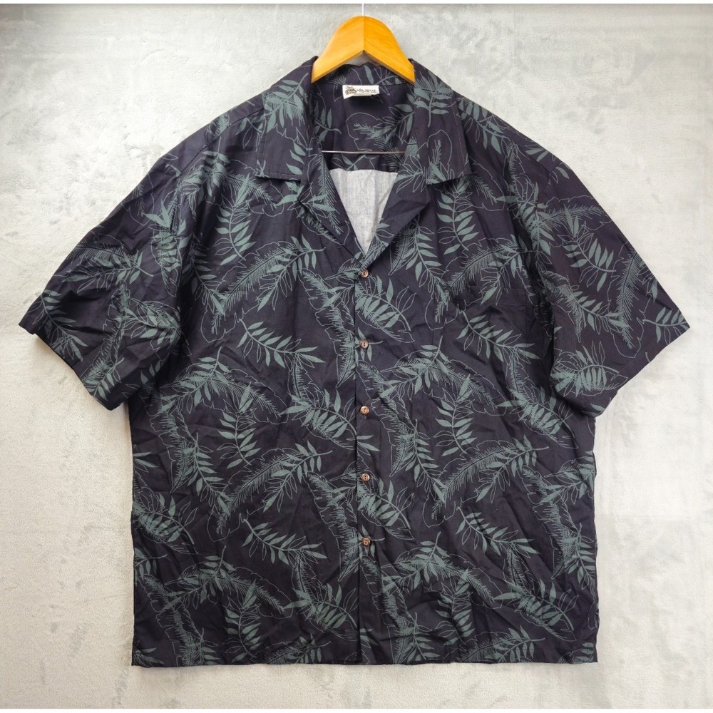 Aloha Republic Hawaiian Shirt Mens 3XL Black Green Floral Leafy Camp Casual